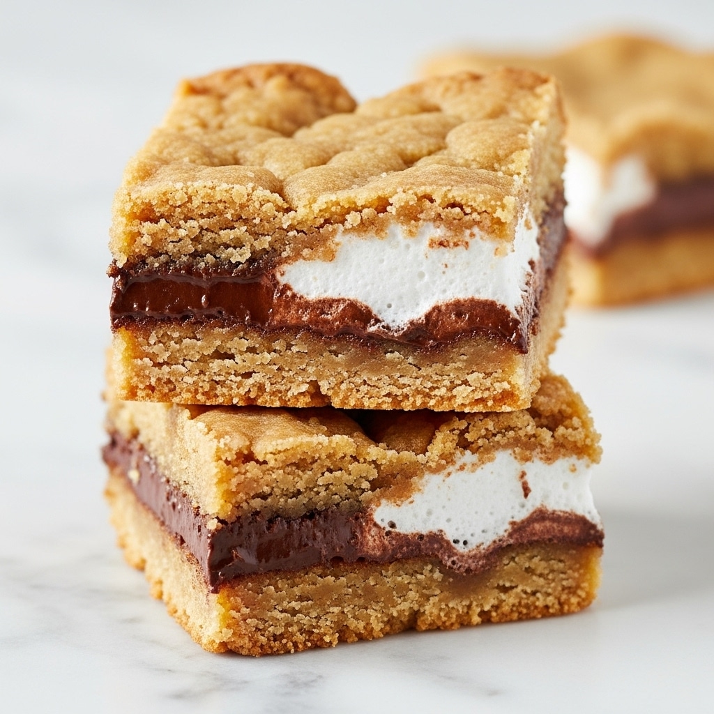 The image shows two square bars stacked on top of each other on a white marbled surface. Each bar has three main layers: the top and bottom layers are golden brown and crumbly with a rough texture, resembling baked cookie dough. The middle layer is thick and gooey with two colors: dark brown chocolate and white marshmallow, which looks soft and melted. The gooey middle slightly oozes out from the sides, giving it a rich, melted look. photo taken with an iphone --ar 4:5 --v 7