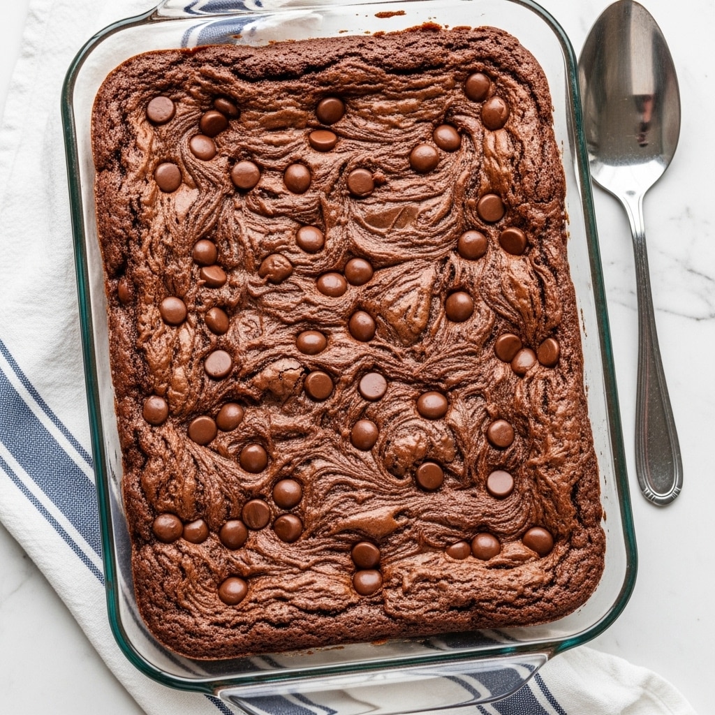 A glass baking dish contains a rich dessert with two main layers visible: the bottom layer is golden-brown with a soft, gooey texture, while the top layer is thick and dark brown with a slightly cracked surface, showing a baked chocolate crust. Scattered across the top are small, round, shiny chocolate pieces that add texture and visual interest. The dish sits on a white marbled surface, next to a folded white cloth with blue stripes and a silver serving spoon. photo taken with an iphone --ar 4:5 --v 7
