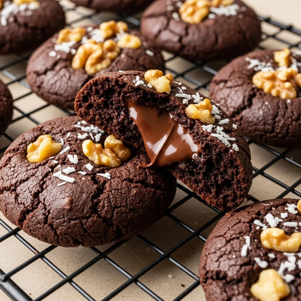 A close-up top view of three thick, round chocolate cookies on a black cooling rack, which is placed on a white marbled surface. The central cookie is broken in half, showing a melted, gooey dark chocolate inside. The cookies have a textured, slightly cracked surface with visible pieces of walnuts and shredded coconut mixed into the dark brown dough. The rich, moist texture of the cookies contrasts with the crunchy nuts and flakes scattered on top. Photo taken with an iphone --ar 4:5 --v 7