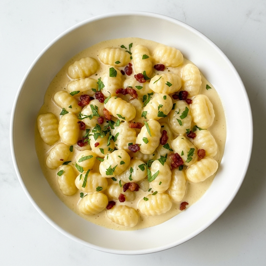 The image shows a round white bowl filled with soft, white gnocchi pieces covered in a creamy yellow cheese sauce. On top of the sauce, there are small crispy brown bacon bits sprinkled, adding texture and color contrast. The dish is garnished with chopped green herbs scattered evenly over the surface, giving a fresh look. The creamy sauce has a smooth texture with a slight shine, and the gnocchi are arranged close together, filling the bowl. The white marbled surface underneath the bowl adds a clean and simple background. Photo taken with an iphone --ar 4:5 --v 7