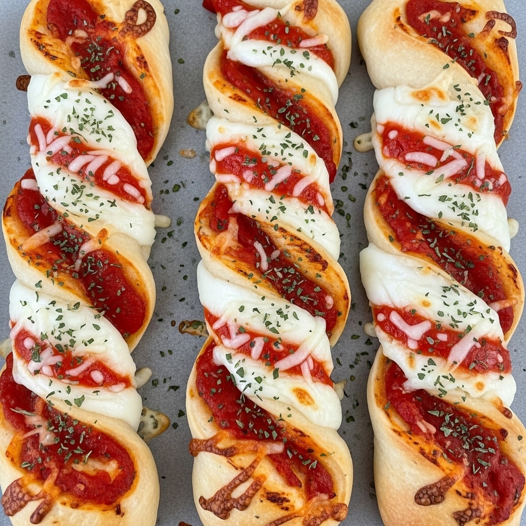 Three twisted bread sticks rest on a baking tray, each formed into a spiral shape with a golden-brown baked crust showing a slightly crisp texture. Each twist alternates layers of melted white cheese and bright red tomato sauce, draped in thick, smooth stripes that cover the surface fully. Small green herb flakes are sprinkled on top of the cheese and sauce, adding a touch of color. The cheese is bubbly and slightly browned in spots, creating a fresh, hot appearance. Photo taken with an iphone --ar 4:5 --v 7