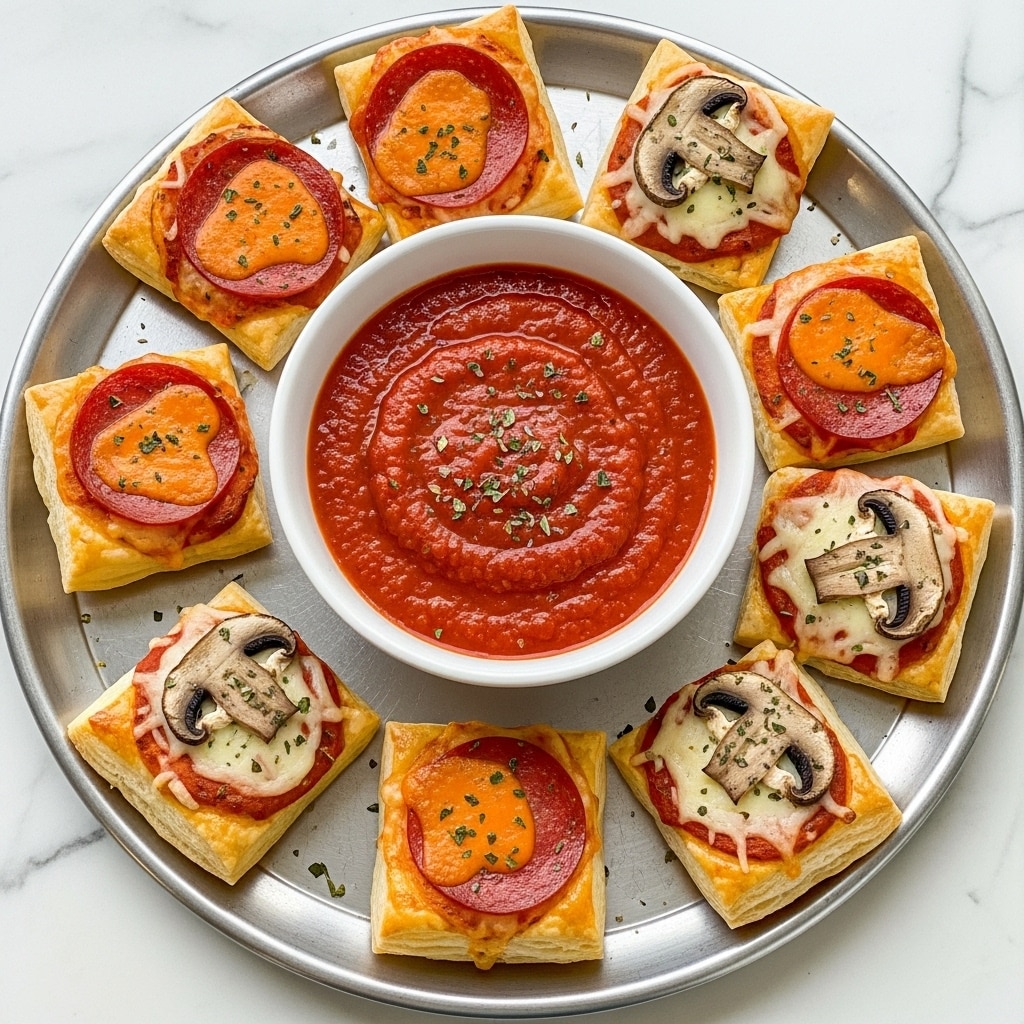 A round silver tray holds small square puff pastry bites, each about two layers thick with a golden-brown, flaky crust at the bottom and edges. On top of each pastry, there are two main types of toppings: a bright red pepperoni slice with melted orange cheese patches and a sprinkle of green herbs, and thick, dark brown mushroom slices with melted cheese beneath them. The pastries are arranged around a white bowl filled with thick, smooth red marinara sauce, sprinkled with dried Italian herbs. The tray sits on a white marbled surface. photo taken with an iphone --ar 4:5 --v 7