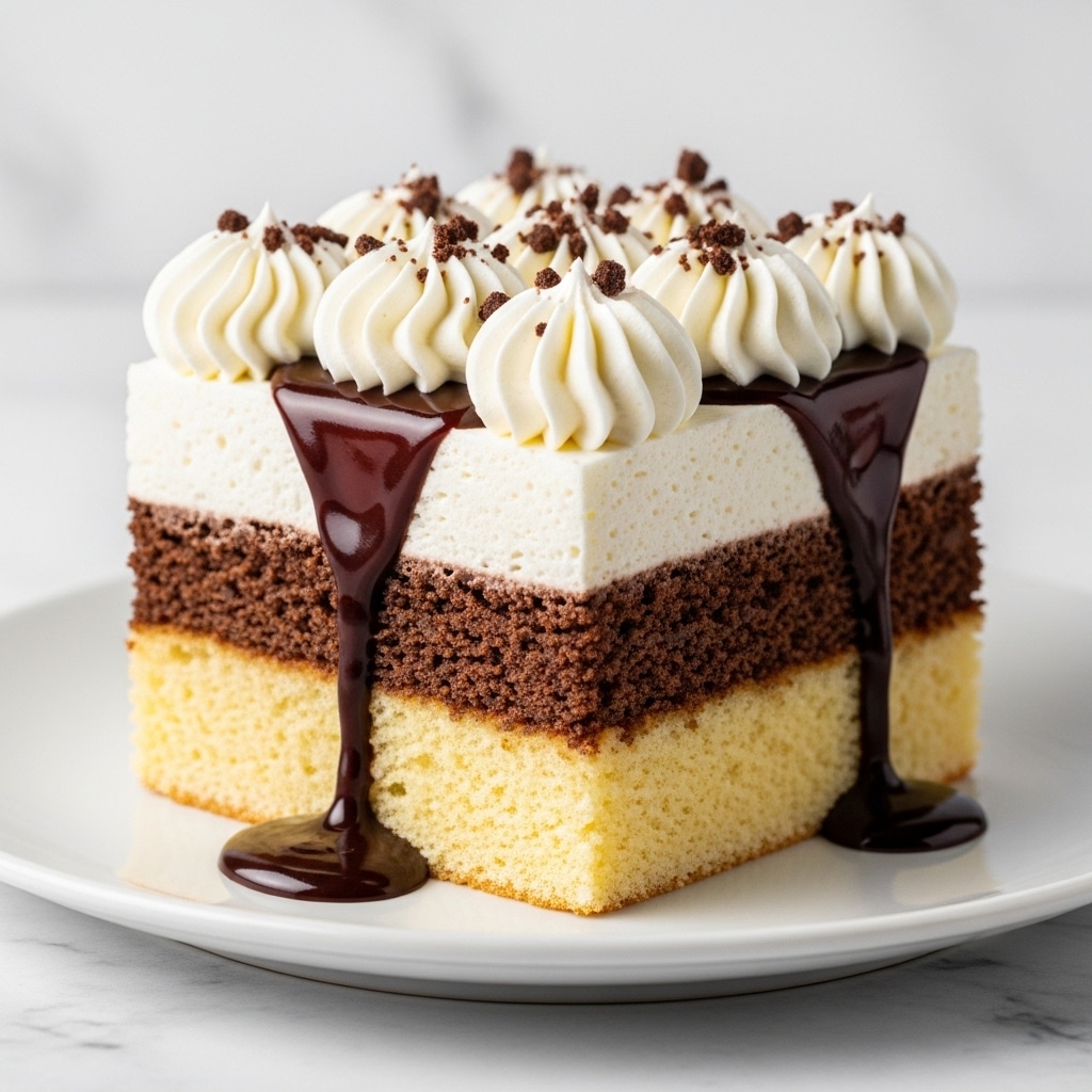 A three-layer dessert square on a white plate shows a bottom layer of light golden cake with a soft, crumbly texture, followed by a middle layer of dark, moist chocolate that looks rich and dense. The top layer is thick, fluffy white whipped cream, decorated with small swirls, and generously drizzled with glossy dark chocolate sauce that drips down the sides. The top is also sprinkled with fine chocolate crumbs, adding texture and contrast against the white cream. The background is a white marbled texture. photo taken with an iphone --ar 4:5 --v 7