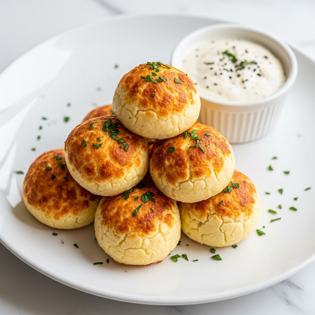 The image shows a white plate filled with seven golden brown cheese balls, each with a slightly crispy, browned top and a soft, fluffy texture visible on the sides. The cheese balls are sprinkled with finely chopped green herbs, adding a fresh color contrast. Next to the plate is a small white ramekin filled with a creamy white dipping sauce that has tiny black pepper flakes on the surface. The setting has a white marbled surface underneath the plate, enhancing the warm and cozy feel of the scene. photo taken with an iphone --ar 4:5 --v 7