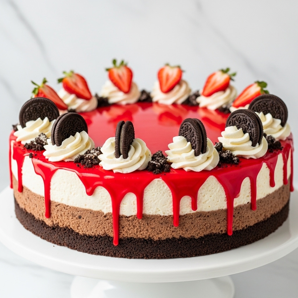 A round cheesecake with three visible layers stands on a dark cake stand. The bottom layer is dark brown and crumbly like crushed cookies. The middle layer is thick, smooth, and creamy white. The top layer is bright red, glossy, and shiny, dripping slightly down the sides. On top, there are evenly spaced swirls of white whipped cream, each topped with a bright red strawberry. Between the strawberries, whole dark chocolate sandwich cookies are placed upright. Crushed crumbs are lightly sprinkled over the strawberries and whipped cream. The cake is set on a white marbled surface. photo taken with an iphone --ar 4:5 --v 7