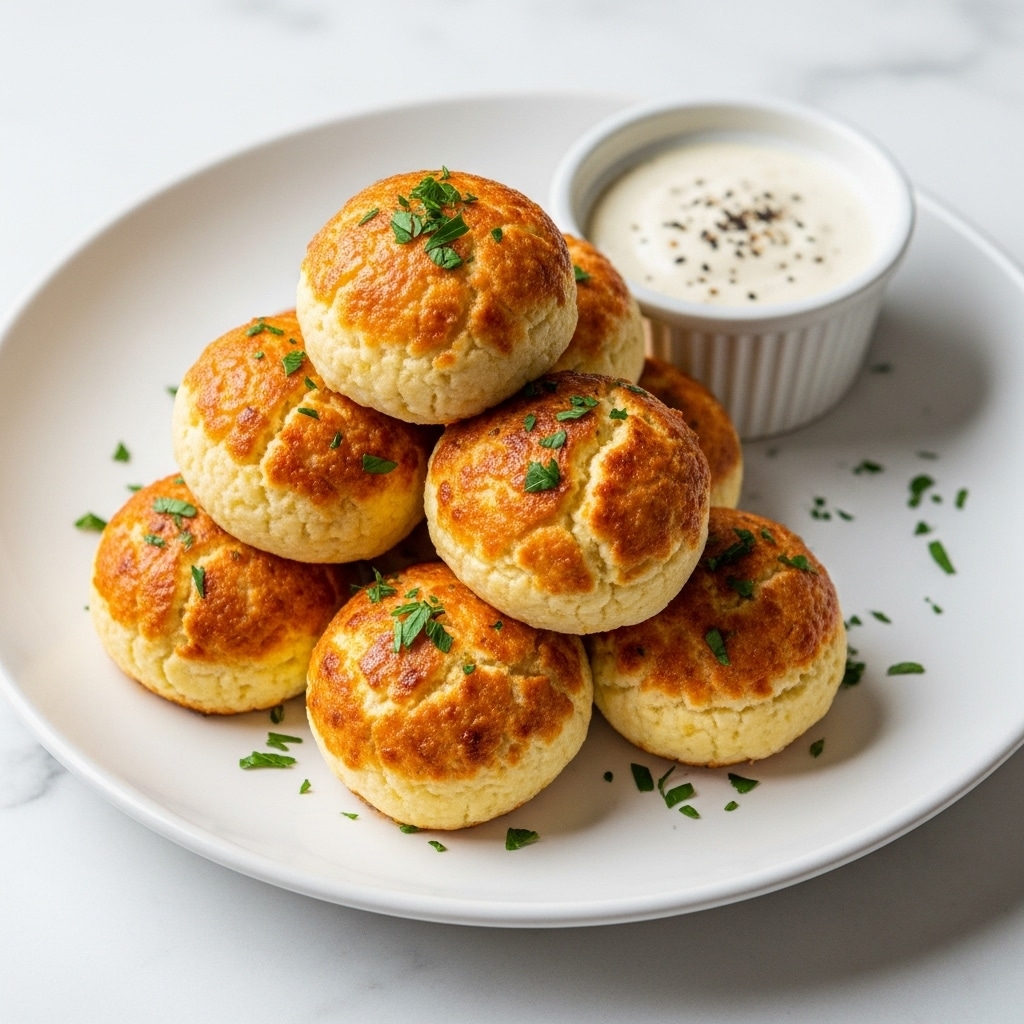 The image shows a white plate with six golden-brown baked cheese balls arranged in a pyramid. Each cheese ball has a slightly rough texture on top with some browned spots and is sprinkled with finely chopped green herbs. To the side of the plate, there is a small white ramekin filled with a creamy white dipping sauce, topped with a few black specks. The plate sits on a white marbled surface. photo taken with an iphone --ar 4:5 --v 7