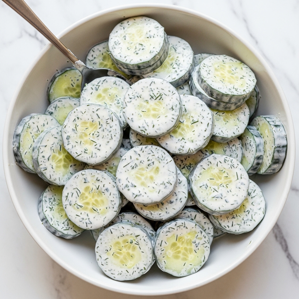 The image shows a white bowl filled with multiple thick slices of cucumber coated evenly in a creamy white sauce speckled with tiny green herb bits, likely dill. The cucumber slices are piled in layers, some standing upright and others lying flat, giving the salad a textured, chunky look. A silver spoon is partially visible on the top left edge of the bowl, resting on the white marbled surface underneath, which adds a clean and fresh mood to the scene. The creamy dressing glistens under soft lighting, enhancing the fresh and cool appearance of the cucumber salad. Photo taken with an iphone --ar 4:5 --v 7