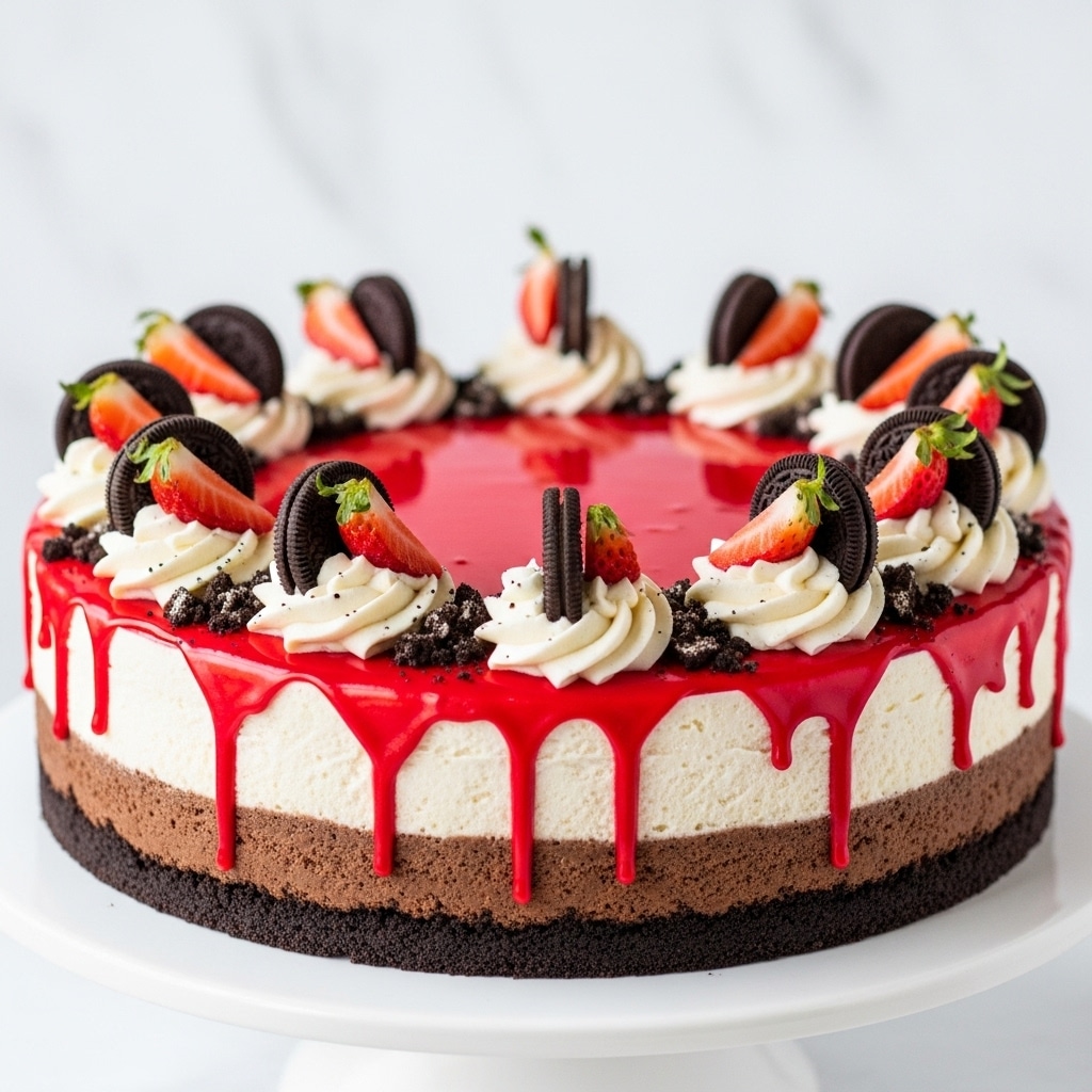 The image shows a cake with three main layers on a white cake stand against a white marbled background. The bottom layer is a dark brown crumbly crust, the middle layer is a thick smooth light cream filling, and the top layer is a shiny red glaze that drips down the sides. On top, there are swirls of white cream evenly spaced around the edge, each topped with a whole Oreo cookie and a bright red strawberry half. There are also small bits of crushed Oreos scattered on the surface, adding texture. Photo taken with an iphone --ar 4:5 --v 7