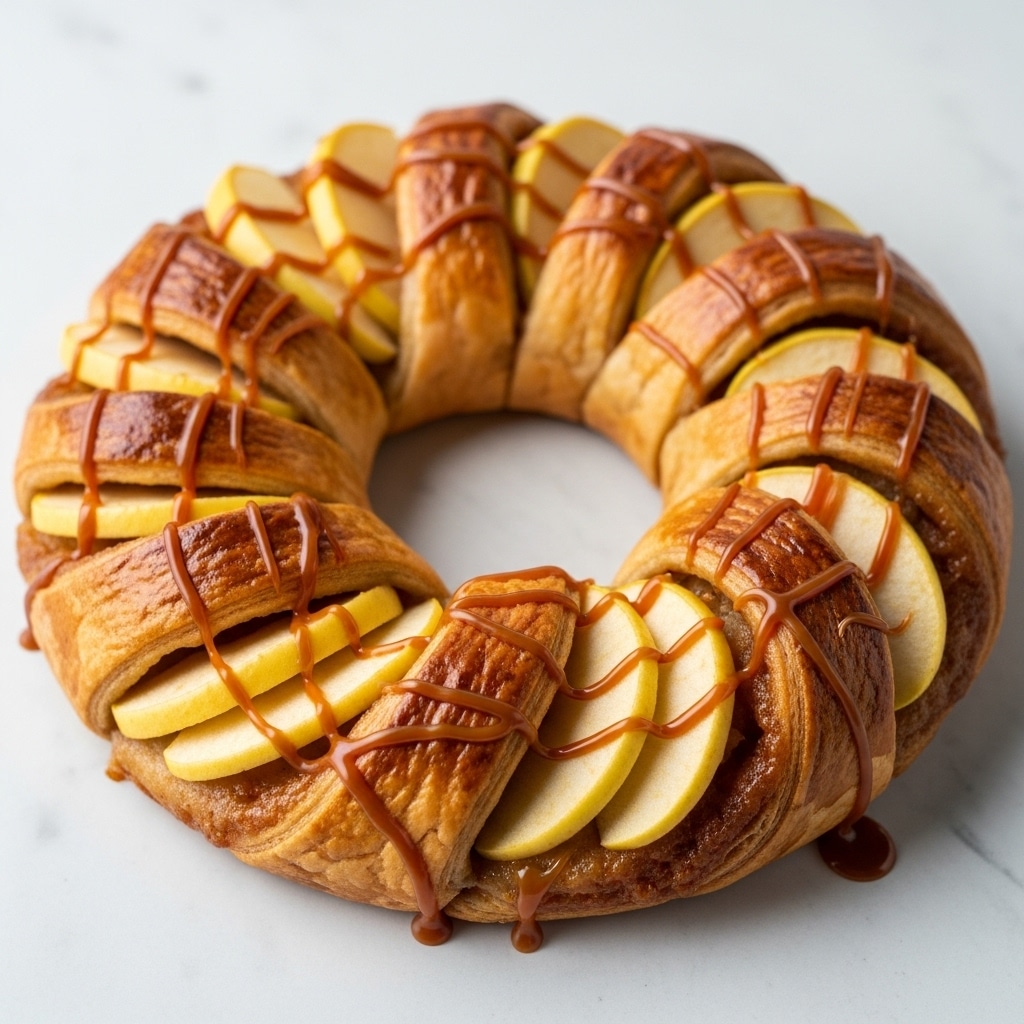 A round braided pastry ring with a golden brown, shiny crust forms the outer layer, its surface smooth and slightly glossy with caramel sauce drizzled on top. Inside the ring, thin slices of pale yellow apple are tucked under sections of the braided dough, adding a textured contrast to the smooth pastry. The caramel sauce pools slightly at the base, highlighting the layers of the flaky, crisp dough and juicy apple slices arranged evenly around the ring. The entire pastry is set on a white marbled texture. photo taken with an iphone --ar 4:5 --v 7