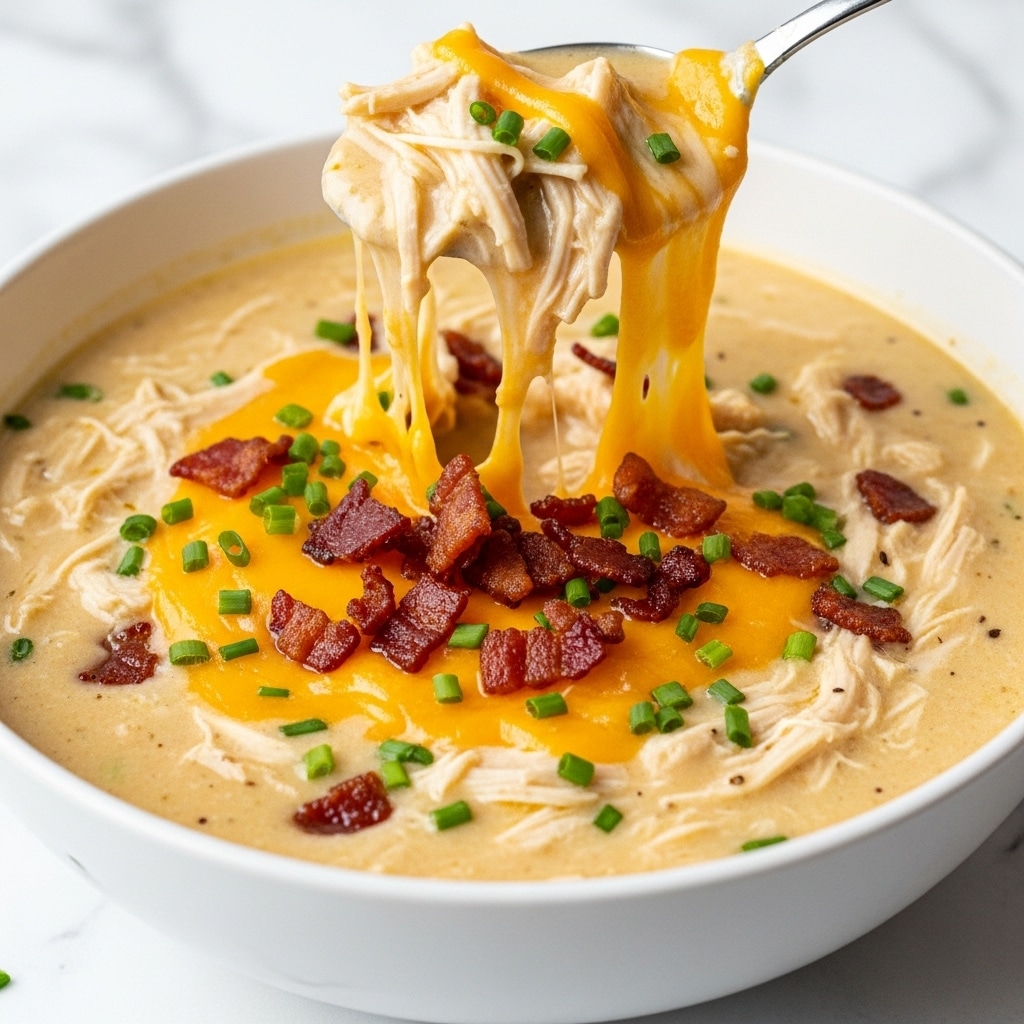 A close-up of a white bowl filled with thick chicken soup. The soup has a creamy brownish base with visible shredded chicken layered inside. On top, there is melted bright orange cheese that stretches as a spoon lifts a portion. Crispy dark brown bacon pieces and small green chive slices are scattered over the cheese, adding texture and color contrast. The white marbled surface beneath the bowl adds a clean and simple background. Photo taken with an iphone --ar 4:5 --v 7