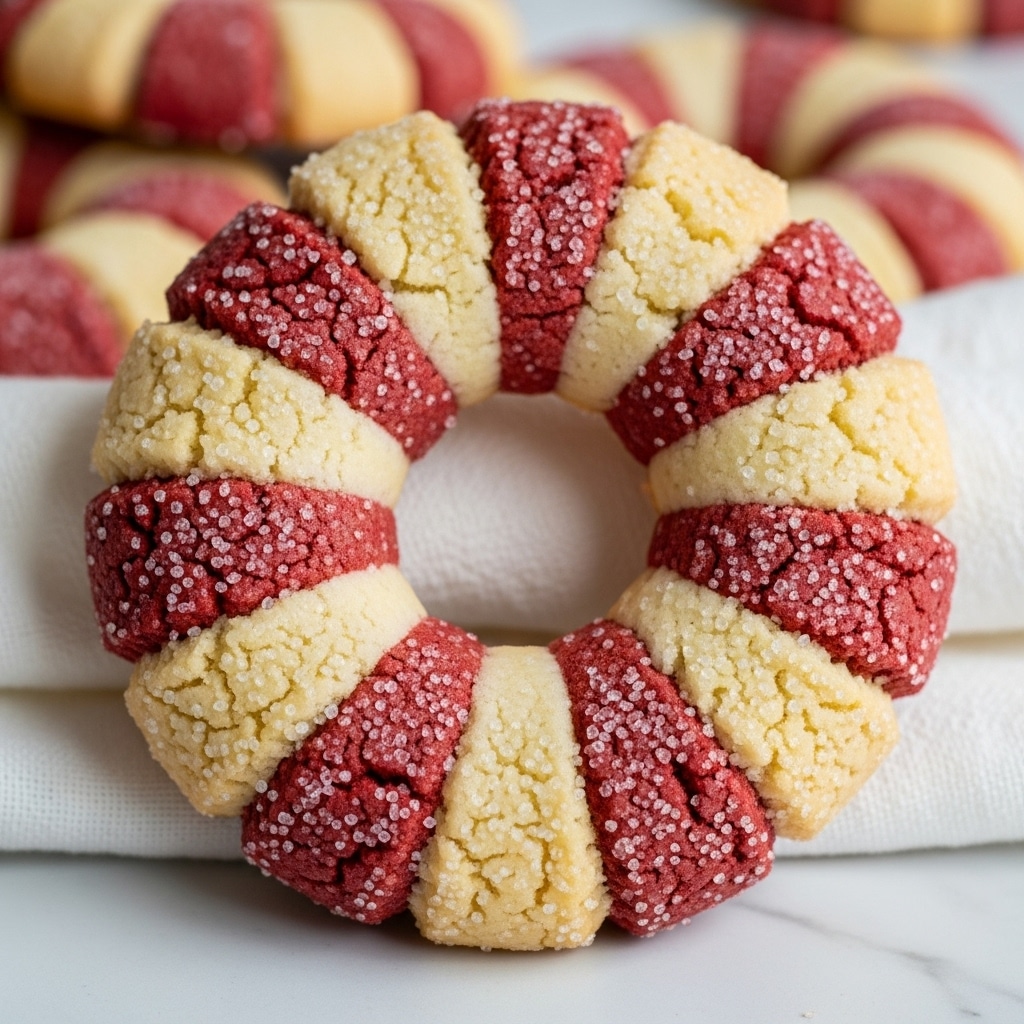 The image shows a close-up of a candy cane-shaped cookie with alternating thick stripes of red and off-white dough twisted around each other to form the ring shape. Each red stripe is covered with sparkling sugar crystals that catch the light, while the off-white stripes have a slightly cracked texture with fewer sugar crystals. The cookie sits on a white cloth with a soft, woven texture which rests on a white marbled surface in the background. Photo taken with an iphone --ar 4:5 --v 7