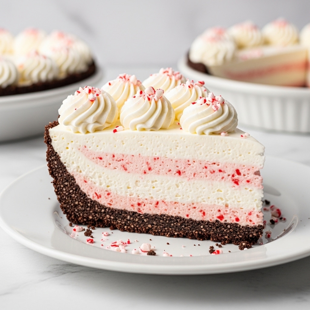 A single slice of a pie is shown on a white plate over a white marbled surface. The pie has three main layers: the bottom layer is a dark brown crumbly crust, the thick middle layer is creamy white with small red specks mixed inside, and the top layer is decorated with five swirls of white whipped cream, each sprinkled with red crushed peppermint candy pieces. Some crushed peppermint bits are also scattered on the plate near the pie slice. In the blurry background, parts of other pie slices on similar white plates are visible. Photo taken with an iphone --ar 4:5 --v 7