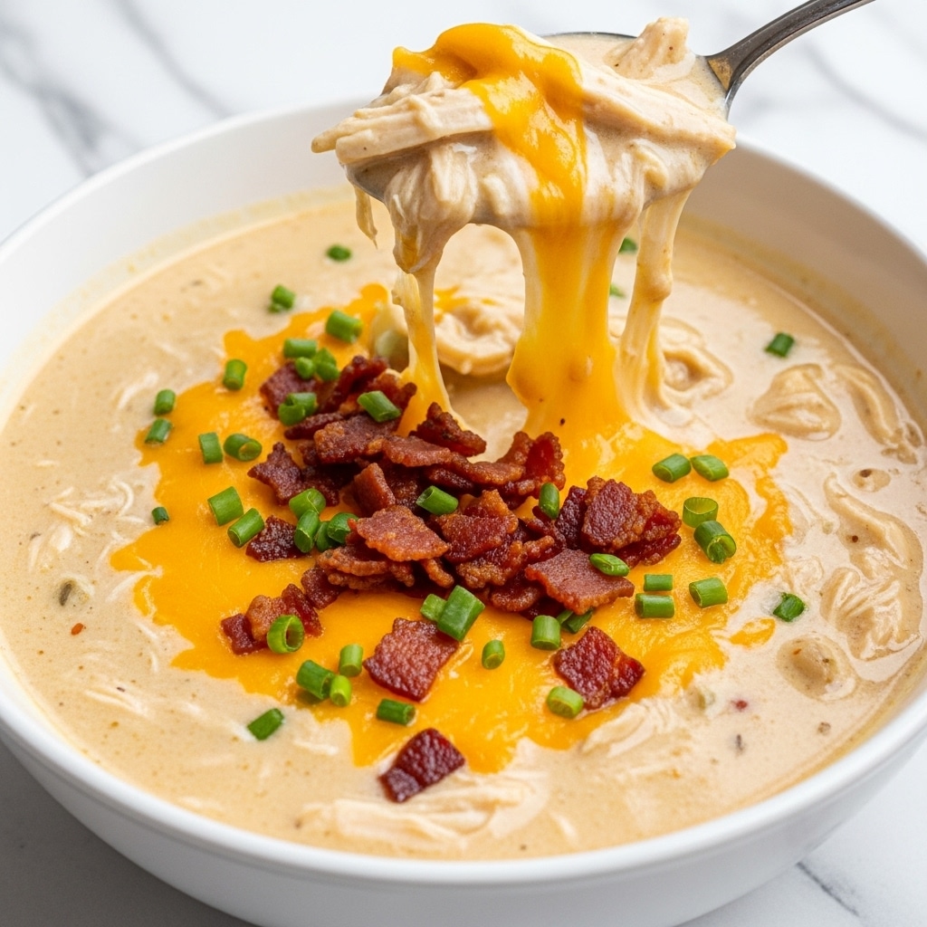 A large white bowl filled with creamy soup showing multiple layers: a thick base of light beige broth with shredded chicken mixed in, topped with melted yellow-orange cheddar cheese that looks gooey and stretchy, then crispy pieces of dark reddish-brown bacon scattered on top, and finally small bright green chopped chives sprinkled all around. A spoon holding a scoop of the soup hovers above the bowl, showing melted cheese strings pulling up and shredded chicken coated in the cheesy broth. The background is a white marbled texture. Photo taken with an iphone --ar 4:5 --v 7