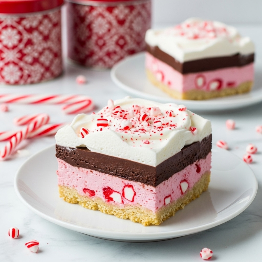 The image shows a square dessert with four visible layers on a white plate set on a white marbled surface. The bottom layer is a light golden crumb crust, followed by a pink peppermint layer with small red chunks inside it. Above that is a thick dark chocolate layer, topped by a thick white whipped cream layer sprinkled with crushed red and white peppermint pieces. In the background, there is another slice of the dessert on a white plate and some red and white candy canes scattered on the white marbled surface. Two red containers with white floral patterns are slightly out of focus behind the plates. photo taken with an iphone --ar 4:5 --v 7