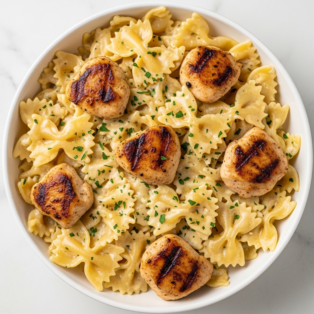 The image shows a close-up of a white bowl filled with creamy bowtie pasta mixed with pieces of grilled chicken. There are about five to six pieces of chicken, each with a golden-brown, slightly charred surface. The bowtie pasta is covered in a smooth, light yellow sauce, with small green herb flakes sprinkled evenly all over, adding a fresh touch. The texture of the pasta looks soft and coated well, while the chicken appears juicy and tender. The background is a white marbled surface. Photo taken with an iphone --ar 4:5 --v 7