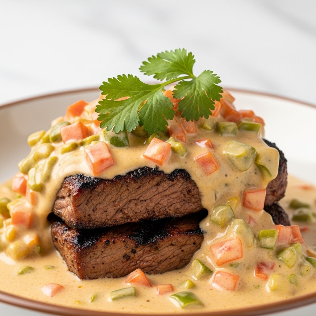 The image shows a close-up of a grilled piece of meat layered at the bottom, covered by a thick creamy sauce that has small pieces of orange, green, and red vegetables mixed in. On top of the dish, there is a sprig of fresh green cilantro adding a fresh touch. The meat looks juicy and slightly charred, with the sauce spreading around it on a white bowl with a soft brown edge. The background has a white marbled texture, giving a clean and bright look to the scene. Photo taken with an iphone --ar 4:5 --v 7