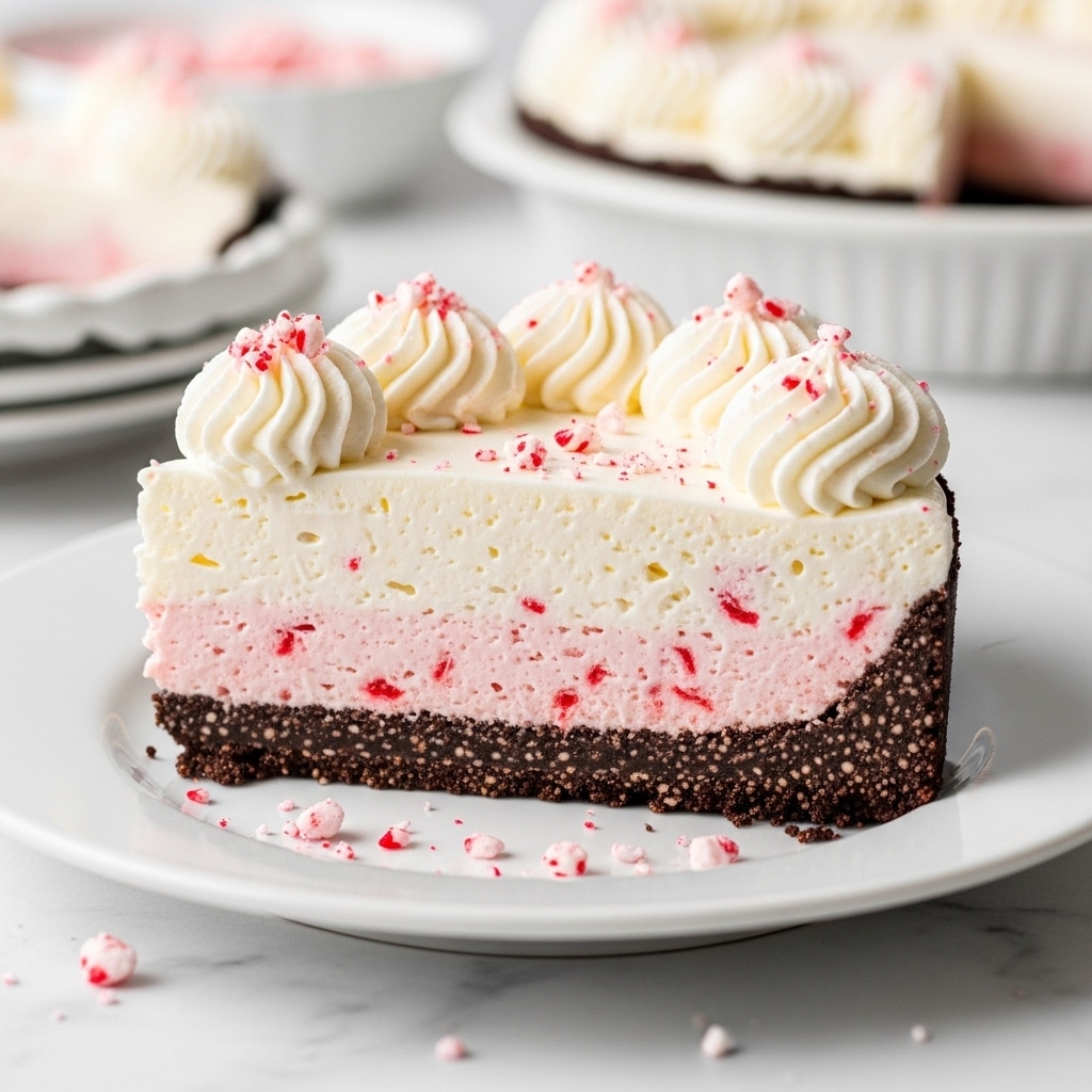 A slice of peppermint cream pie with three visible layers sits on a white plate over a white marbled surface. The bottom layer is a dark chocolate crumb crust with a rough texture, firmly holding the pie. The middle layer is thick and creamy, pale white with small red peppermint pieces mixed inside, giving it a slightly speckled look. On top, there are five swirled dollops of whipped cream evenly spaced along the edge, each decorated with small red peppermint bits. Some peppermint crumbs are scattered on the plate around the pie. In the blurred background, two more pies of the same kind are visible in white dishes. Photo taken with an iphone --ar 4:5 --v 7