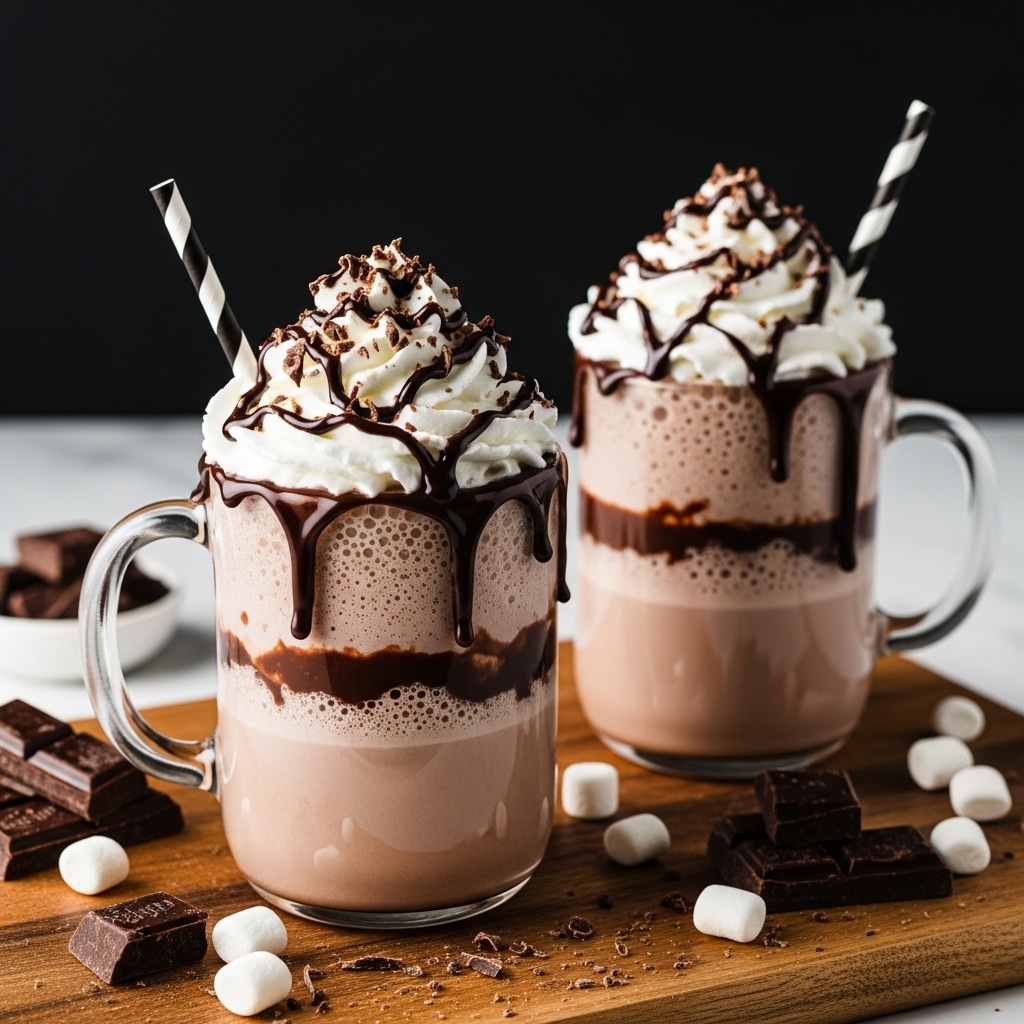 A clear glass jar filled almost to the top with a thick, creamy chocolate drink that is light brown in color. The drink has a foamy layer near the rim, topped with a large swirl of white whipped cream. Dark chocolate syrup is drizzled generously over the whipped cream and drips down the inside of the glass in uneven lines. Chocolate shavings are scattered on top of the whipped cream for extra texture. A black and white striped paper straw sticks out from the whipped cream. The jar is set on a wooden surface with pieces of dark chocolate and small white marshmallows around it, with a second similar drink blurred softly in the background and a dark backdrop behind, all on a white marbled texture. photo taken with an iphone --ar 4:5 --v 7