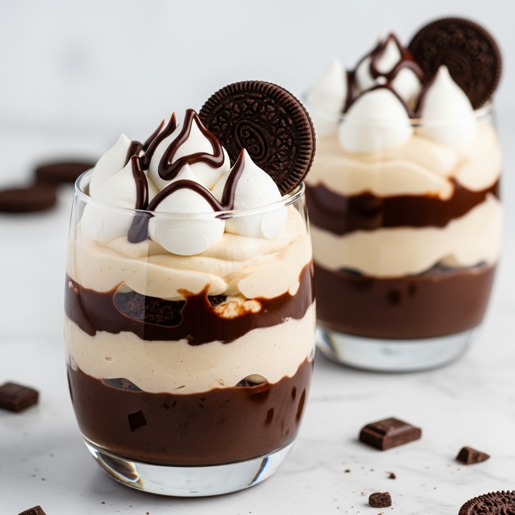 Two clear glass cups each contain a layered dessert. The bottom layer is dark and dense, looking like crushed chocolate or a thick chocolate base. Above this is a creamy white layer with swirls of dark brown chocolate creating a marbled effect around the edges. Each cup is topped with a large swirl of white whipped cream, sprinkled lightly with cocoa powder. A single chocolate sandwich cookie stands upright, partially inserted into the whipped cream on the side of each glass. The glasses are placed on a surface with a white marbled texture with some crushed chocolate pieces scattered around. Photo taken with an iphone --ar 4:5 --v 7