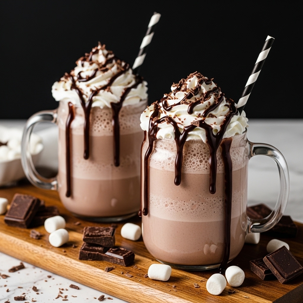 Two glass mugs filled with thick, light brown chocolate milkshake sit on a wooden surface with chunks of dark chocolate and mini marshmallows scattered around. Each mug is layered with a foamy chocolate drink at the bottom, topped with a generous swirl of white whipped cream with chocolate syrup drizzled over it, dripping down the sides of the glass. The whipped cream is also sprinkled with small chocolate shavings. Black and white striped paper straws are placed inside each mug. The background is a dark black, making the drink stand out against the white marbled surface. Photo taken with an iphone --ar 4:5 --v 7