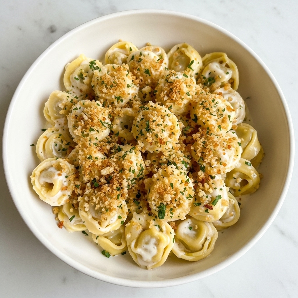 The image shows a white bowl filled with creamy tortellini pasta. The dish has one main layer of round tortellini pieces, each stuffed and coated in a thick, white sauce. On top, there is a layer of golden-brown breadcrumbs sprinkled evenly for a crunchy texture, with small green herb bits scattered across for color. The bowl sits on a white marbled surface. The overall look is warm and fresh with soft creamy tones and crunchy highlights. photo taken with an iphone --ar 4:5 --v 7