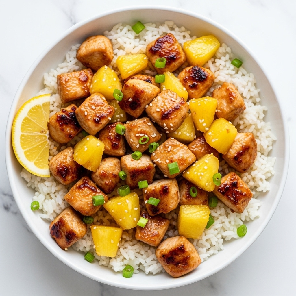 A white bowl is filled with a base layer of fluffy white rice, topped with chunks of golden-brown grilled chicken and bright yellow pineapple pieces, both coated in a shiny glaze. The grilled chicken and pineapple are scattered evenly over the rice, with small green onion pieces sprinkled on top for color. A thin slice of lemon is placed on the side inside the bowl, adding a fresh touch. The bowl sits on a white marbled surface. photo taken with an iphone --ar 4:5 --v 7