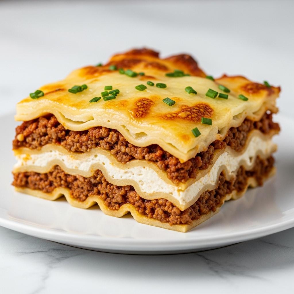 The image shows a square piece of layered lasagna on a white plate, placed on a white marbled surface. The lasagna has clear layers: a browned top layer of melted golden cheese sprinkled with green chopped chives, beneath that is a creamy white layer, followed by a thick layer of crumbled cooked ground meat mixed with sauce. The layers repeat, showing alternating textures of meat sauce and creamy cheese. The edges of the lasagna piece expose all these layers clearly. The background is softly blurred, focusing on the lasagna slice. photo taken with an iphone --ar 4:5 --v 7