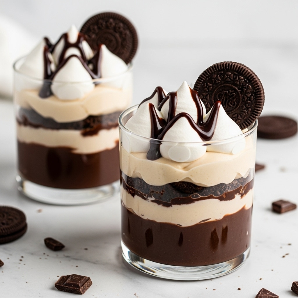 Two clear glasses hold a three-layered dessert with a bottom layer of dark chocolate pudding, a middle layer of creamy light tan mixture swirled with dark chocolate sauce, and a top layer of white whipped cream shaped like small peaks. Each glass is decorated with a round chocolate sandwich cookie placed near the whipped cream on the rim. The glasses sit on a white marbled surface with small pieces of dark chocolate scattered around. The background is softly blurred, focusing on the rich textures and colors of the dessert. Photo taken with an iphone --ar 4:5 --v 7