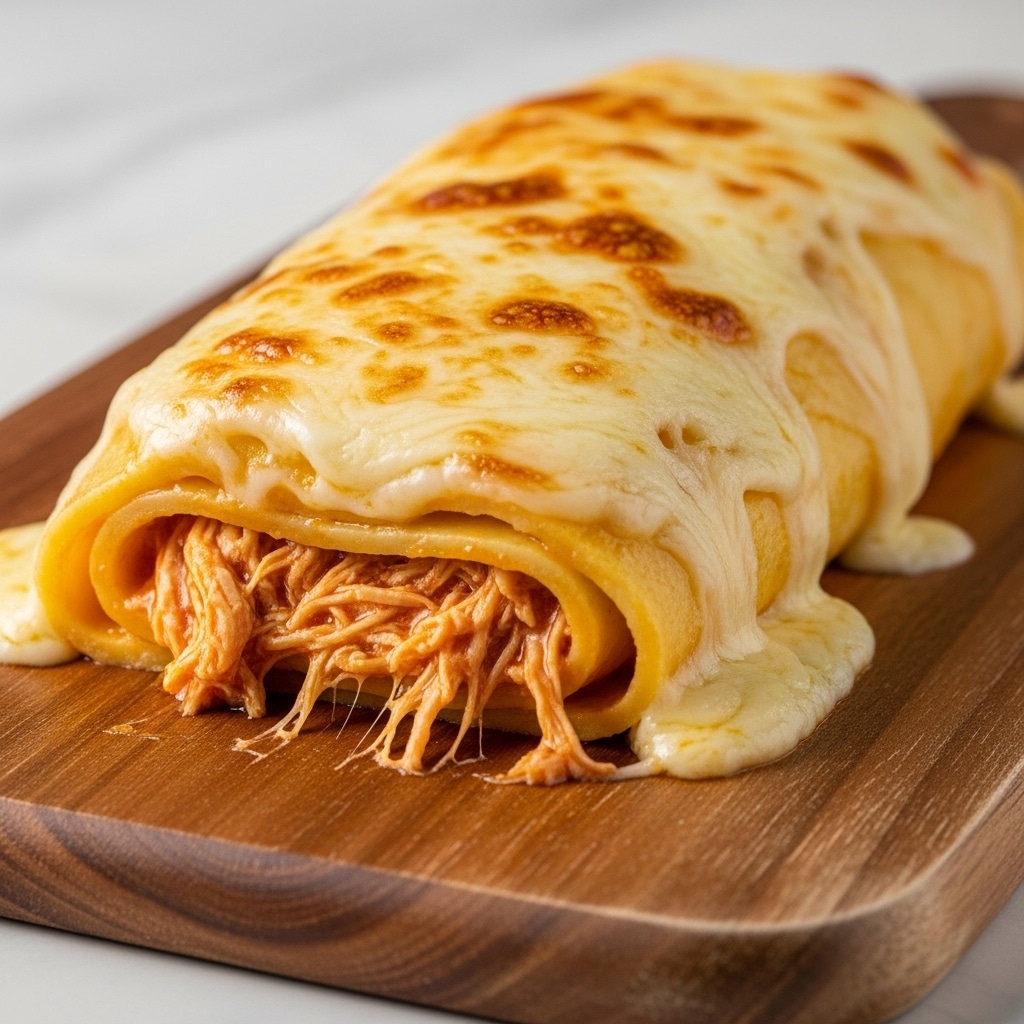 The image shows a close-up of a stuffed pasta roll on a wooden board. The dish has a thick outer layer of melted, golden-brown cheese with bubbly spots, covering shredded chicken mixed with a reddish-orange sauce inside. The pasta sheet looks smooth and soft, wrapping the filling tightly. The melted cheese layer on top is shiny and slightly browned, with some cheese strings pulling away from the edges. The wooden board beneath has a natural grain texture, contrasting with the creamy, rich colors of the pasta roll. Photo taken with an iphone --ar 4:5 --v 7