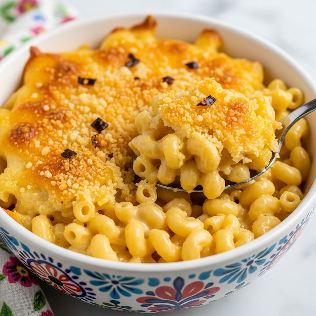 A close-up of cheesy macaroni and cheese in a white bowl with colorful, intricate patterns on the outside. The dish has two visible layers: a creamy, pale yellow macaroni base with small elbow-shaped pasta coated in smooth cheese sauce, and a top layer of melted, golden-brown cheddar cheese with small bits of red pepper scattered throughout, giving a slightly crispy texture. A silver spoon is inserted into the dish on the right side. The bowl is placed on a white marbled surface. photo taken with an iphone --ar 4:5 --v 7