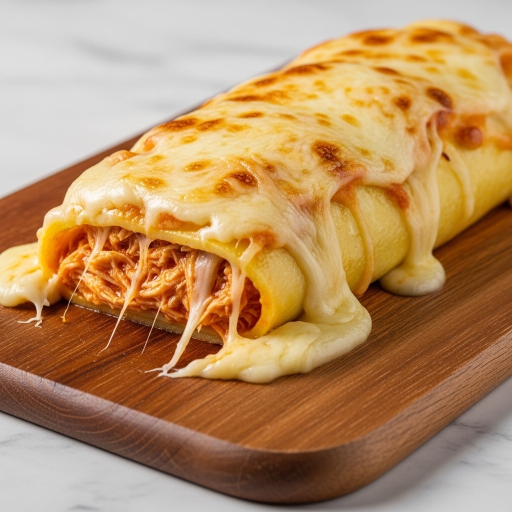 The image shows a cheesy stuffed pasta roll on a wooden board. The pasta roll has a smooth, light yellow outer layer that is covered with a thick layer of melted cheese, golden brown in some parts, especially on top. Inside, shredded chicken in a rich orange sauce is visible, tightly packed and oozing slightly from the edges. The cheese layer looks soft and gooey, stretching a little where the roll is cut. The wooden board contrasts with the white marbled surface under it. photo taken with an iphone --ar 4:5 --v 7