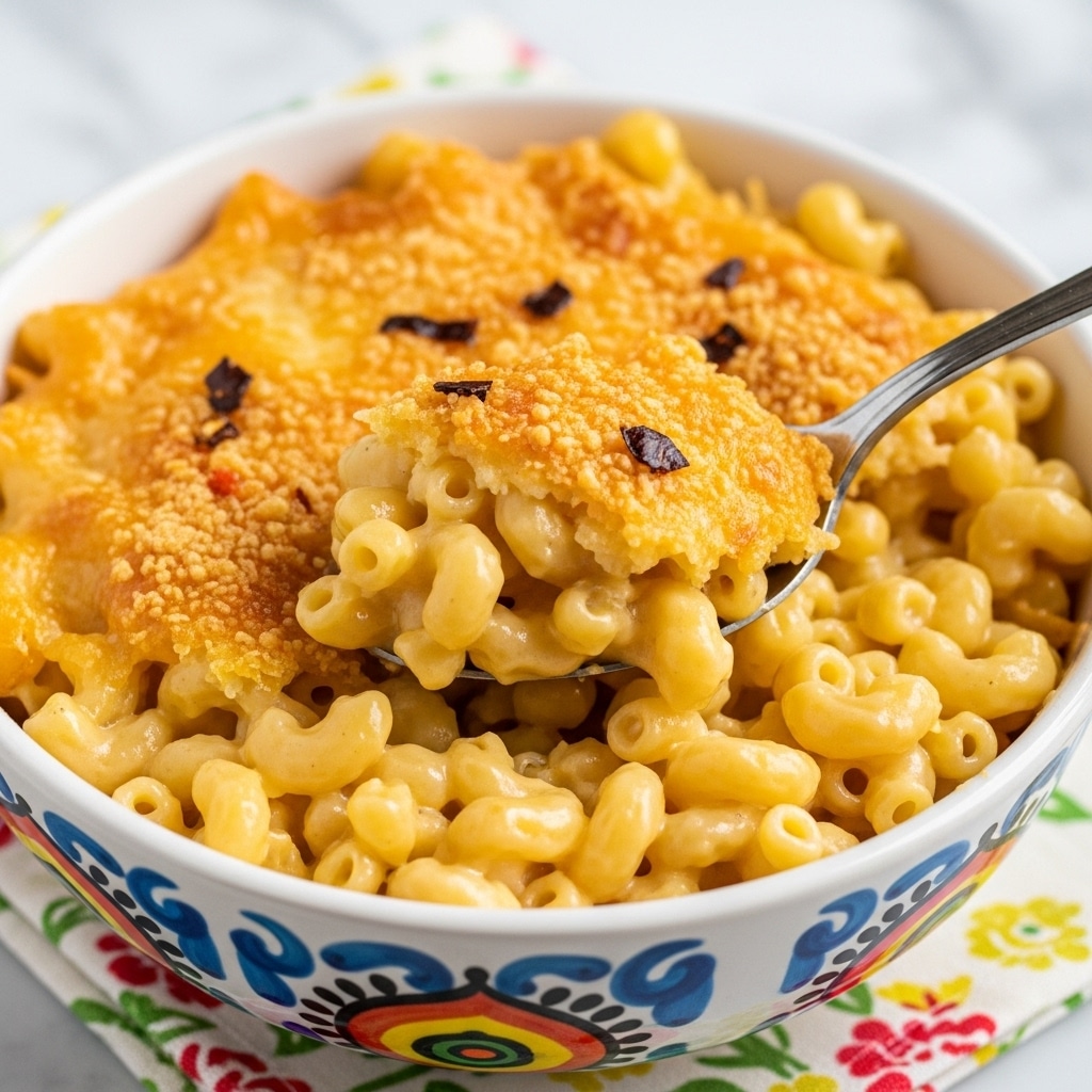 A close-up of a bowl filled with creamy macaroni and cheese, showing two visible layers; the bottom layer is pale yellow mac and cheese with spiral-shaped pasta covered in smooth cheese sauce, and the top layer is a golden-brown baked cheese crust with a slightly crispy texture that has small bits of red pepper scattered on it, with a silver spoon scooping into the bowl from the right side. The bowl is white with colorful, artistic patterns painted on the outside, and it rests on a surface with a white marbled texture and a floral cloth underneath. The photo taken with an iphone --ar 4:5 --v 7