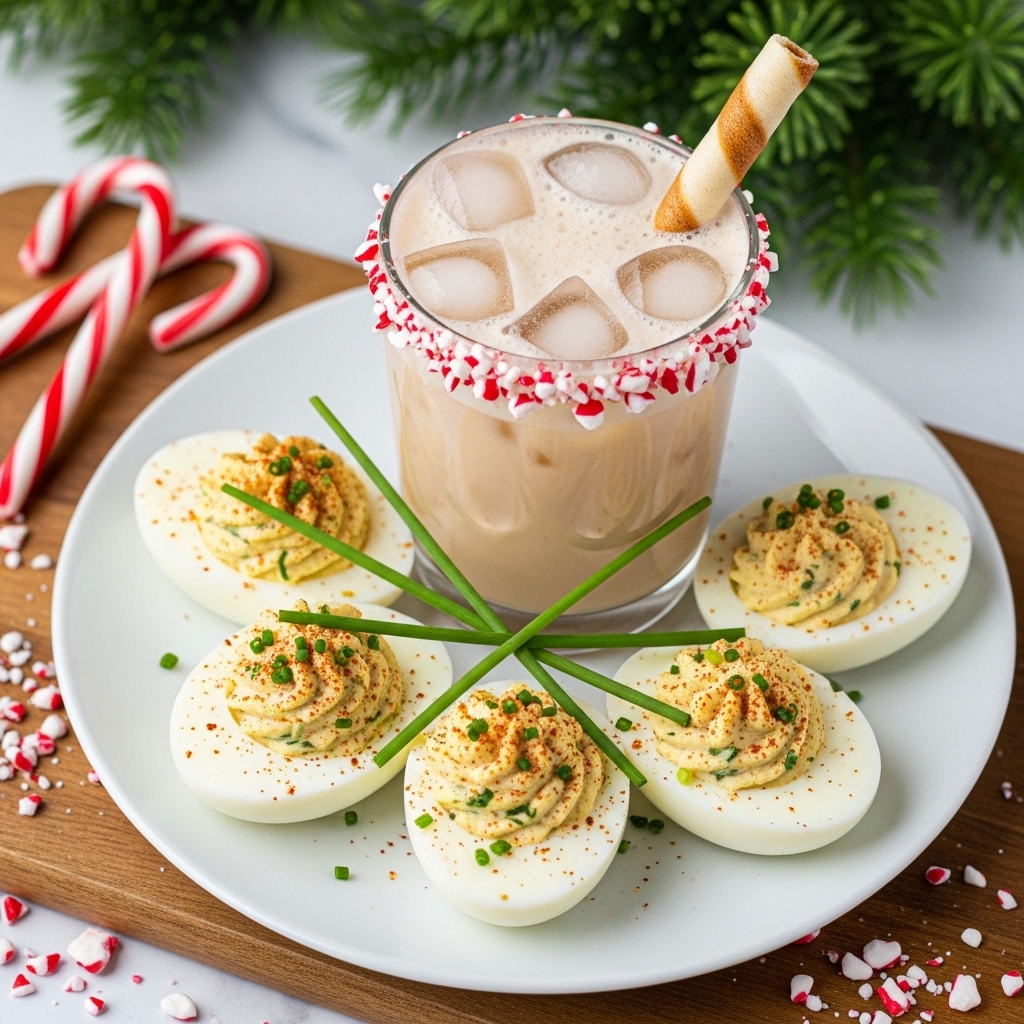 Five deviled eggs are placed on a white plate. Each egg is cut in half showing a smooth, white egg white layer holding a creamy, textured filling with a light yellow base mixed with green herbs and small bits. The filling is sprinkled with reddish-brown seasoning on top. In the center of the plate, a small bunch of long green chives lies between the eggs. The whole scene is set on a white marbled surface. Photo taken with an iphone --ar 4:5 --v 7
