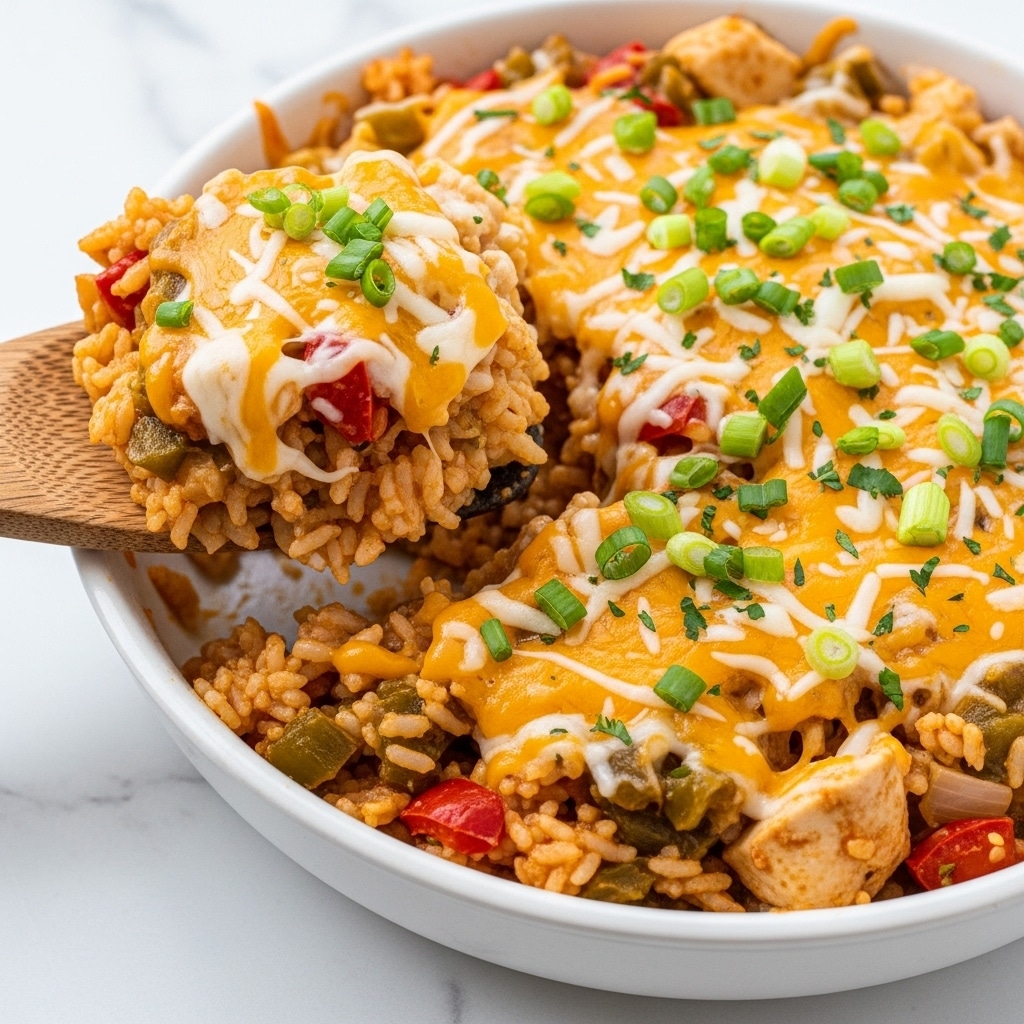 The dish features a layered mix in a white bowl, showing rice mixed with bits of red and green vegetables, all covered unevenly with melted cheese layers in orange and white colors. There are fresh chopped green onions scattered on top with tiny green herb sprinkles, making the colors pop. A wooden spatula is lifting a portion from the left side, revealing the thick, creamy texture beneath the cheese. The whole scene sits on a white marbled surface that contrasts softly with the warm, rich colors of the food. Photo taken with an iphone --ar 4:5 --v 7