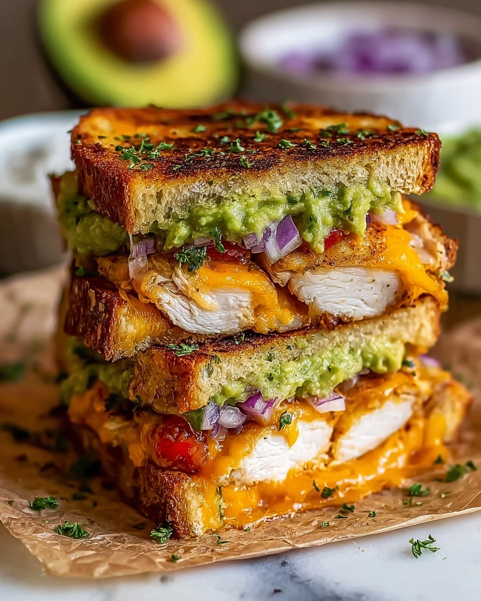 A close-up of a grilled sandwich cut into two halves stacked on top of each other, placed on parchment paper on a white marbled surface. The sandwich has three layers of toasted golden-brown bread with a crispy texture and sprinkled green herbs on the top slice. Between the bread layers are thick, juicy slices of grilled chicken breast, melted orange cheddar cheese oozing out, fresh green guacamole with chunks of avocado, diced red onions, and red tomato slices. Small bits of chopped herbs are scattered around the sandwich. In the background, blurred, there is half an avocado and a white bowl with a purple dip. Photo taken with an iphone --ar 4:5 --v 7