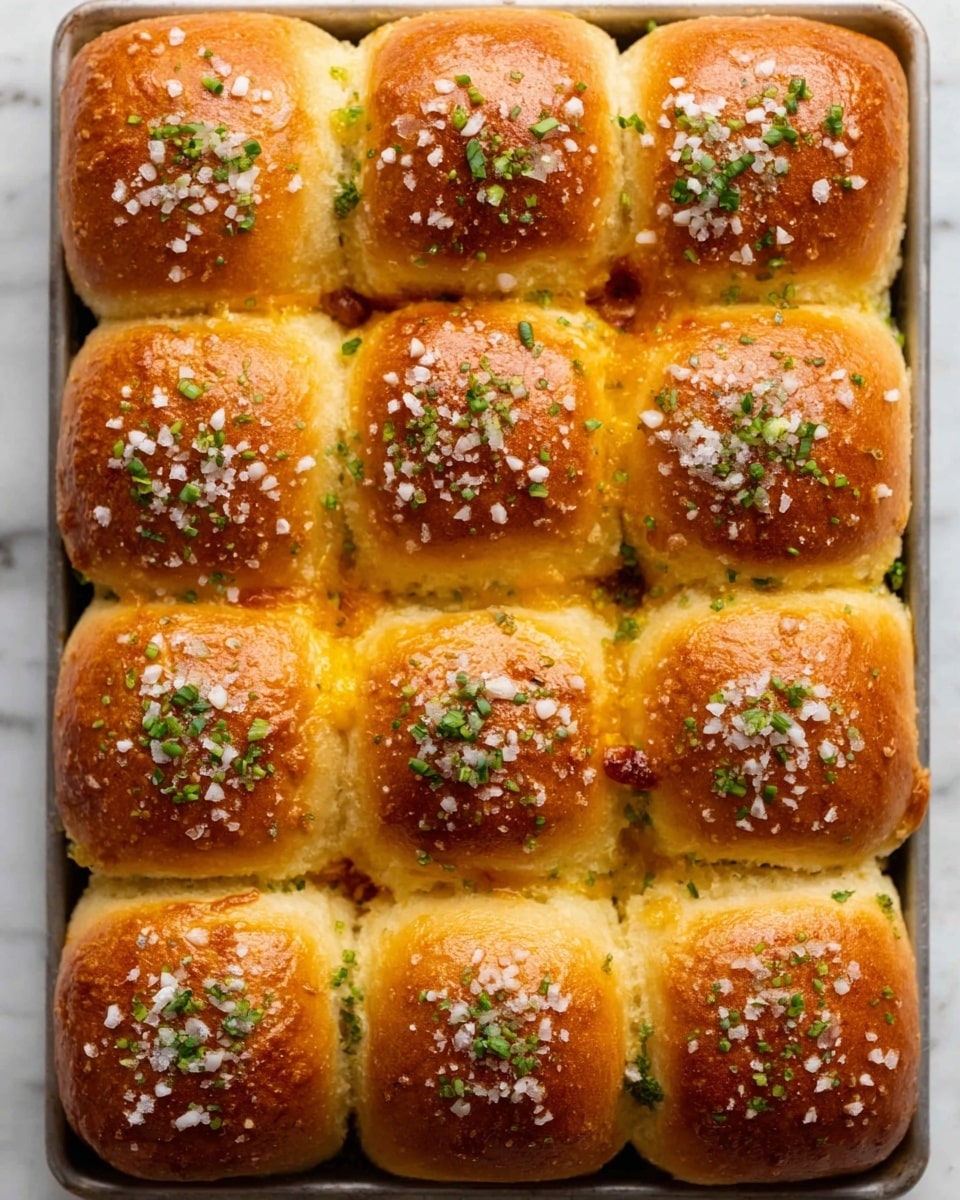 A tray of twelve golden-brown dinner rolls arranged in a 3x4 grid, each roll puffed up with a shiny, slightly brushed top. The tops are sprinkled with coarse white salt and finely chopped green herbs, giving a textured look. The rolls appear soft and fluffy, with a light crust that shows a warm, inviting color. The tray rests on a white marbled surface. Photo taken with an iphone --ar 4:5 --v 7