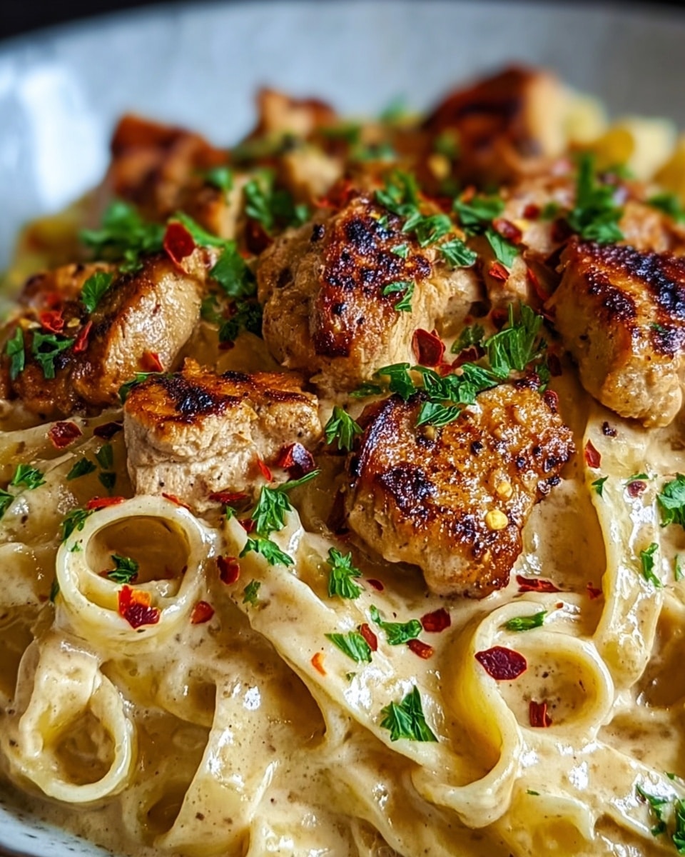A close-up view of a creamy pasta dish with two main layers: the bottom layer is wide, creamy fettuccine pasta coated in a light beige sauce, showing smooth and slightly glossy textures; on top are chunks of browned grilled chicken pieces with a golden-brown sear and small red chili flakes scattered over them, adding a slight texture contrast. Bright green parsley leaves are sprinkled on top, adding a fresh color pop against the creamy and browned tones. The whole dish sits on a white plate with a soft white marbled texture background. photo taken with an iphone --ar 4:5 --v 7
