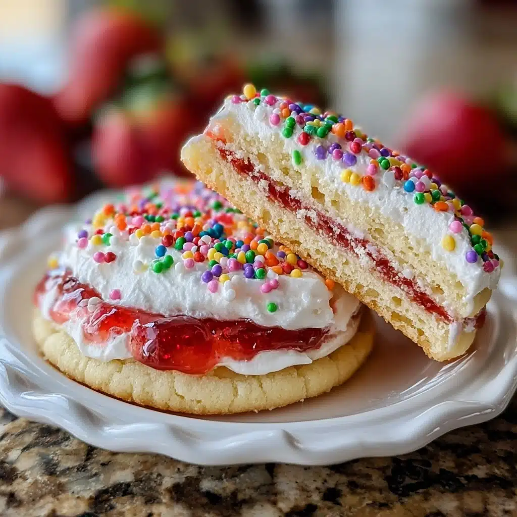 The image shows a close-up view of a stacked dessert made of two layers. The base layer is a light golden, soft cookie that forms the bottom and gives a slightly crumbly texture. Above the cookie base is a vibrant red strawberry jam layer, glossy and spread evenly. Next, there is a thick, fluffy white frosting layer topped generously with small, round, colorful sprinkles in purple, yellow, orange, green, and red. The top cookie is split in half, revealing the interior jam and frosting, with one half resting on the other. The dessert sits on a white, scalloped-edge plate placed on a granite countertop, with blurred strawberries in the background. photo taken with an iphone --v 7.0