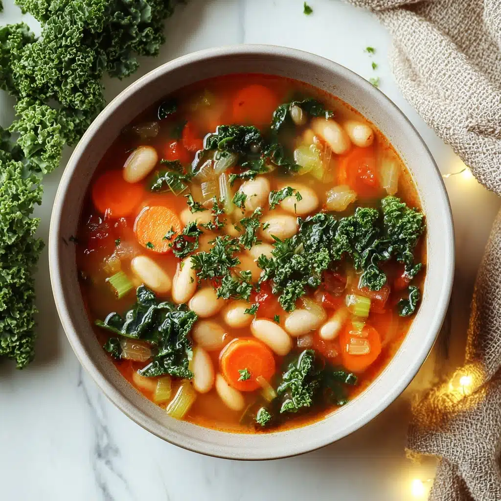 A top-down view of a bowl filled with vibrant vegetable soup featuring three main layers: the bottom layer is a rich, translucent orange broth that forms the base; the middle layer consists of chunky vegetables including bright orange carrot slices, pale green celery pieces, and tender white beans scattered evenly throughout; the top layer showcases dark green kale leaves and finely chopped fresh herbs sprinkled on top, adding texture and color contrast. Around the bowl, there’s a textured beige cloth on the right, some green kale leaves on the left, and warm fairy lights softly glowing in the background on a white marble surface. photo taken with an iphone  --v 7.0