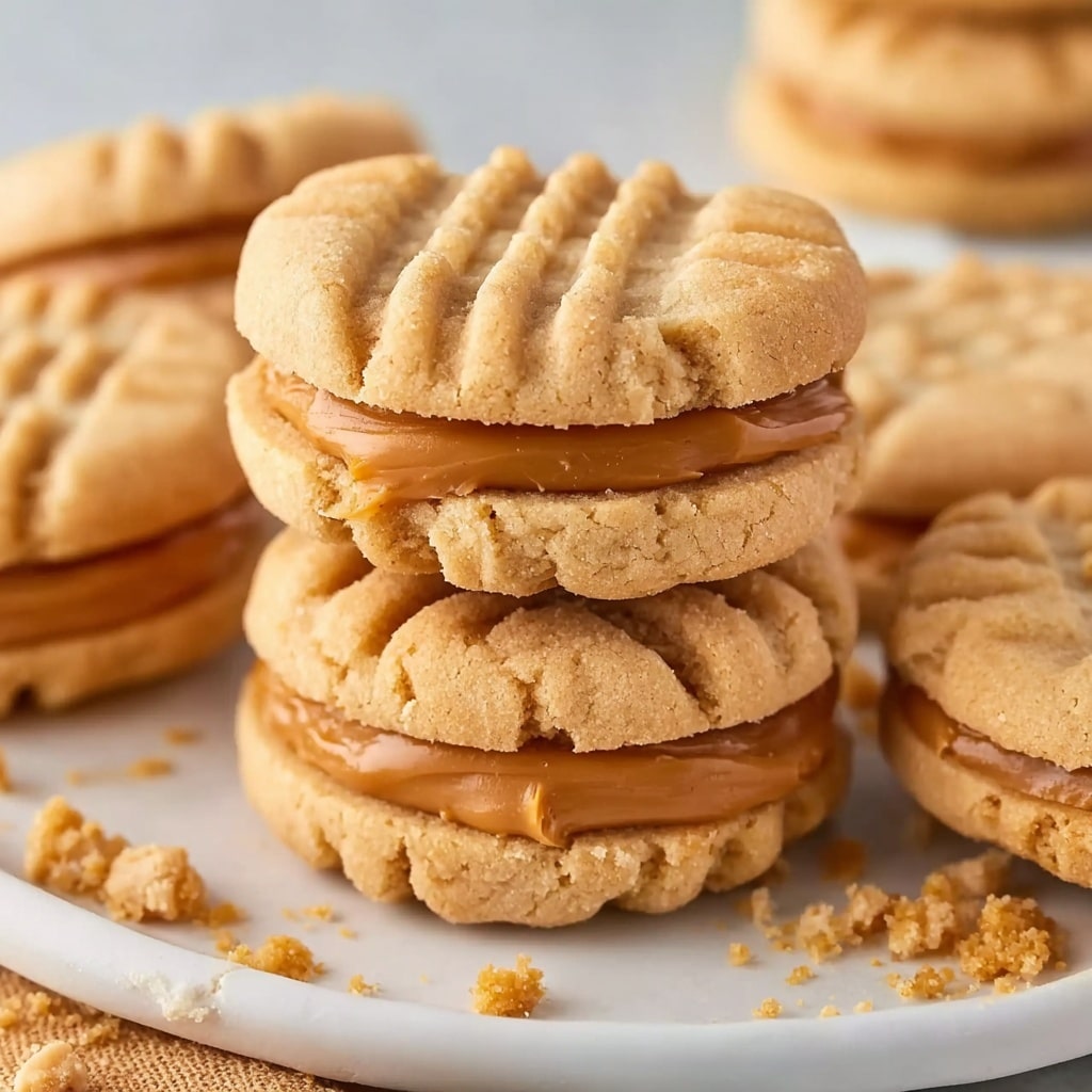 The image shows a stack of peanut butter sandwich cookies arranged on a white plate. Each sandwich cookie consists of two light golden brown biscuit layers with a slightly crumbly texture and fork mark patterns on top, enveloping a smooth, creamy peanut butter filling with a slightly glossy sheen. The cookie layers are thick enough to reveal small cracks and crumbs, and the peanut butter layer is generous, evenly spread between the cookies. The cookies appear soft and freshly made with visible crumbs scattered around the plate. In the background, more cookies are loosely arranged in a cluster, and the scene is well-lit with natural, warm tones. Photo taken with an iphone  --v 7.0