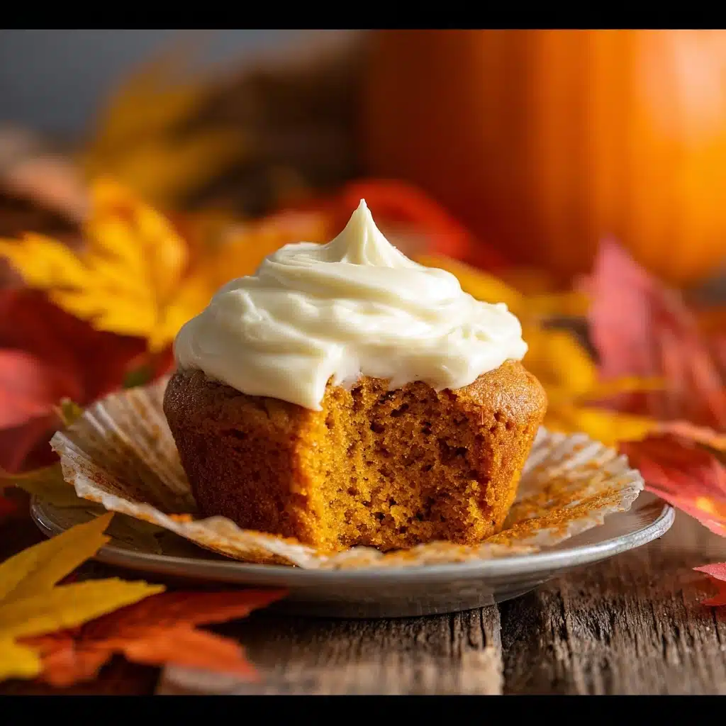 The image shows a single pumpkin muffin with a generous swirl of creamy white frosting on top, the frosting having a smooth, glossy texture with a little peak at the center. The muffin is golden-orange with a soft, moist crumb and a slightly domed top where a bite has been taken out of the front right, revealing the airy, spongy interior. The muffin sits partially inside a crinkled, white paper liner, placed on a rustic wooden surface. Surrounding the plate are vibrant autumn leaves in shades of orange, yellow, and red, adding a warm, festive fall ambiance. A blurred orange pumpkin is visible in the background, enhancing the seasonal theme. photo taken with an iphone  --v 7.0
