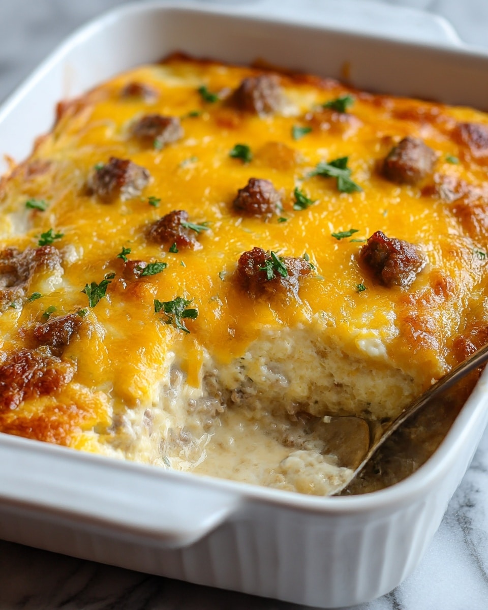The dish shows a white ceramic baking dish filled with a layered casserole. The bottom layer is a creamy, light beige base mixed with small pieces of cooked sausage that are greyish-brown with a slightly crumbly texture. Above that is a thick layer of melted cheese that is bright golden yellow with some darker browned spots, showing a gooey, bubbly texture. Scattered on top are small pieces of browned sausage and sprinkled bits of fresh green parsley, adding a touch of color contrast. A section of the casserole is scooped out, revealing the creamy, dense inside layers. The dish sits on a white marbled surface. Photo taken with an iphone --ar 4:5 --v 7