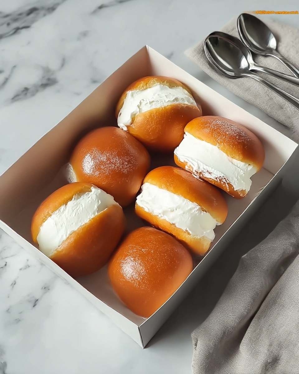 A white box holds five round golden-brown buns, each cut in half and filled thickly with smooth white cream that slightly overflows at the edges. The buns have a shiny, soft texture with visible gloss on the top half. The box sits on a surface with a white marbled texture. To the right of the box, there are two silver spoons resting on a folded light gray cloth. Photo taken with an iphone --ar 4:5 --v 7