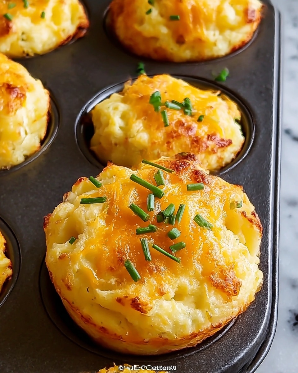 This image shows a close-up of several cheesy mashed potato puffs inside a dark muffin tin. Each puff has a soft, golden-yellow mashed potato base with a slightly browned, crispy top layer sprinkled with melted cheddar cheese that is light orange and golden brown. Small fresh green chives are scattered on top, adding a pop of color and texture. The puffs have a rough, fluffy texture, with the cheese melted and slightly crisp at the edges. The background is a white marbled surface, and the photo captures the warm, freshly baked look of these savory treats. Photo taken with an iphone --ar 4:5 --v 7