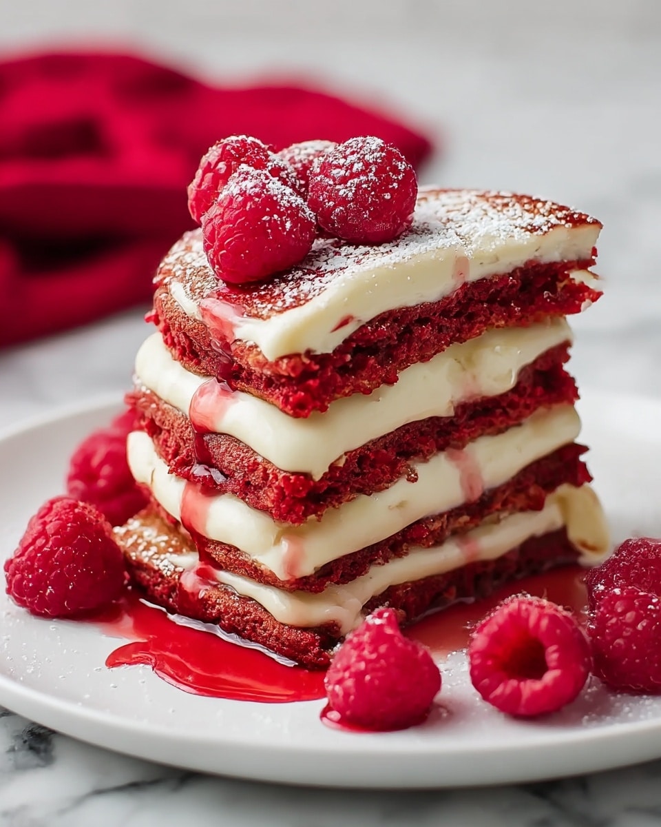 A tall stack of three thick red velvet pancakes sits on a white plate, each pancake separated by a smooth, creamy white layer of frosting. The red pancakes have a soft, slightly crumbly texture with golden brown edges. Red syrup drips down the sides and pools gently on the plate, adding a glossy contrast. Fresh bright red raspberries are scattered on top of the stack and around the plate, with a dusting of powdered sugar lightly covering the pancakes and fruit. The background shows a white marbled surface with a blurred red cloth on the side. Photo taken with an iphone --ar 4:5 --v 7