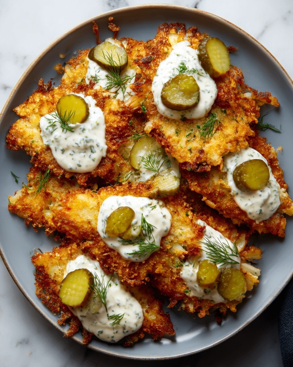 A white plate holds a pile of crispy golden-brown potato pancakes arranged in a slightly uneven stack. Each pancake has a rough, crunchy texture with visible small bits and edges that look crisp and browned. On top of the pancakes, dollops of creamy white sour cream with small green herb flakes are spread unevenly, and scattered pickle slices sit on the sour cream, providing a bright green contrast. The plate is set on a white marbled surface, and the overall look is warm and inviting. photo taken with an iphone --ar 4:5 --v 7