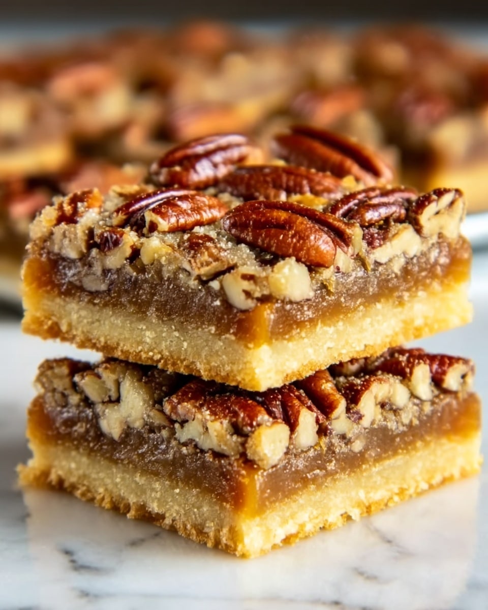 The image shows two square pecan bars stacked on top of each other on a white marbled surface. The bottom layer is a golden, crumbly crust, topped by a sticky, caramel-colored middle layer, and the top layer is covered with whole and halved pecans, which are shiny and rich brown in color. The pecans create a textured, nutty surface that contrasts with the smooth caramel layer underneath. In the background, more pecan bars are visible but out of focus. The lighting makes the layers look warm and inviting. Photo taken with an iphone --ar 4:5 --v 7
