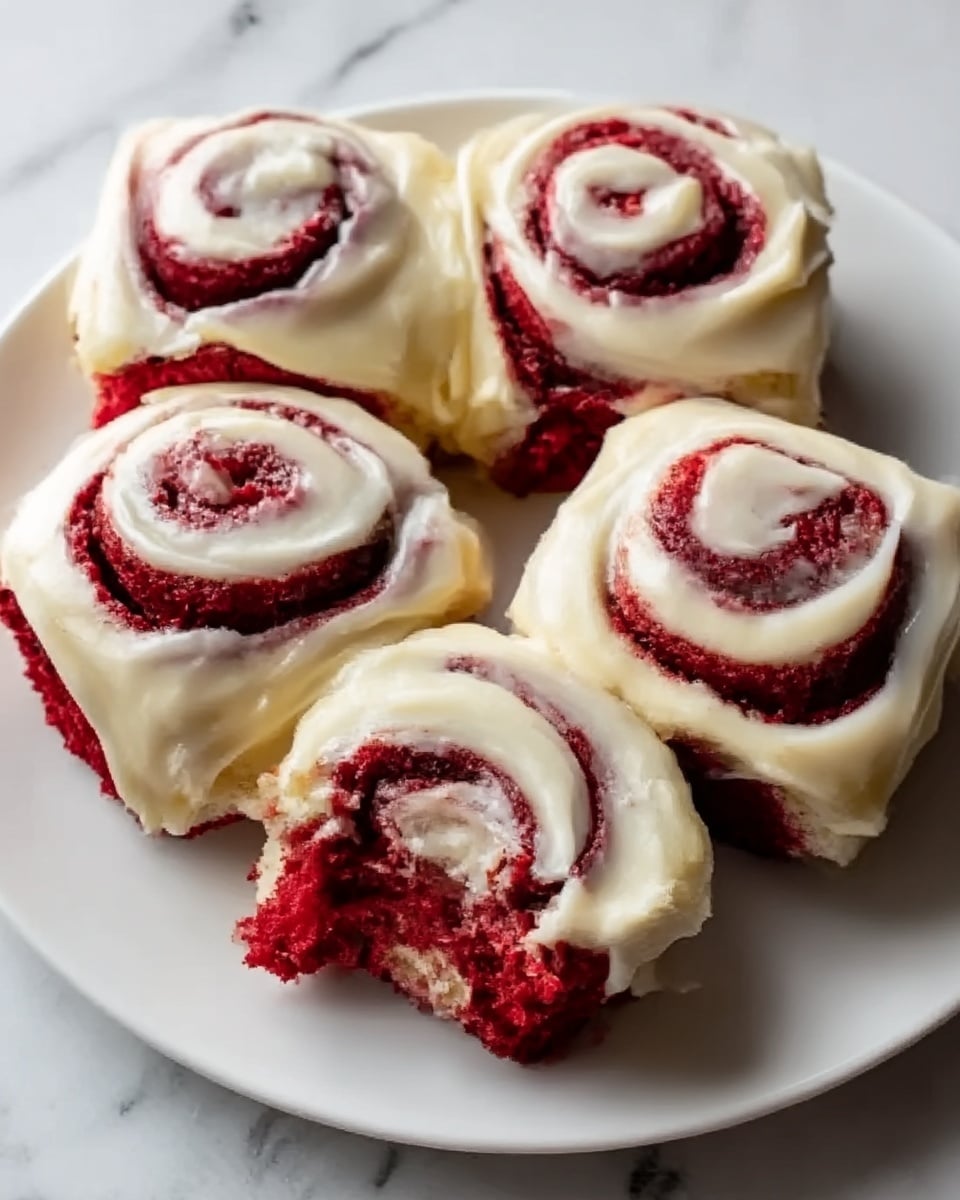 A white plate holds five red velvet cinnamon rolls covered with creamy white icing. Each roll shows a soft swirl of deep red cake and white icing layers, with one piece partially broken to reveal the moist, red inside. The white icing is thick and glossy, spread evenly over each roll, creating a smooth texture contrasting with the fluffy cake below. The plate sits on a white marbled surface. Photo taken with an iphone --ar 4:5 --v 7