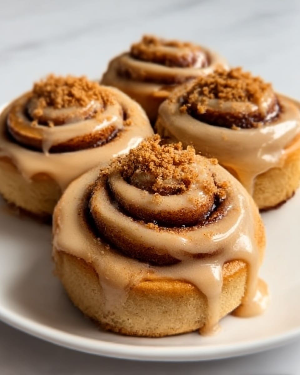 The image shows four cinnamon rolls on a white plate. Each cinnamon roll has three visible layers of soft, light brown dough spiraled with a dark brown cinnamon filling. The top of each roll is covered with a smooth, creamy beige glaze that drips slightly down the sides. Crushed brown cinnamon sugar sprinkles are scattered on top of the glaze, adding texture. The plate sits on a white marbled surface, enhancing the warm colors of the cinnamon rolls. photo taken with an iphone --ar 4:5 --v 7