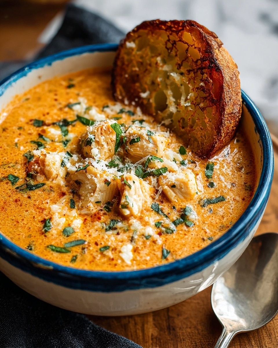 The image shows a creamy orange soup served in a white bowl with a blue rim. The soup has chunks of light brown chicken scattered on top, sprinkled with finely chopped green herbs and grated white cheese. There is a piece of toasted bread with a golden brown, crunchy texture resting on the side of the bowl, partially dipped into the soup. The bowl sits on a wooden surface with a silver spoon and a dark cloth nearby. The background is blurred and replaced with a white marbled texture. Photo taken with an iphone --ar 4:5 --v 7